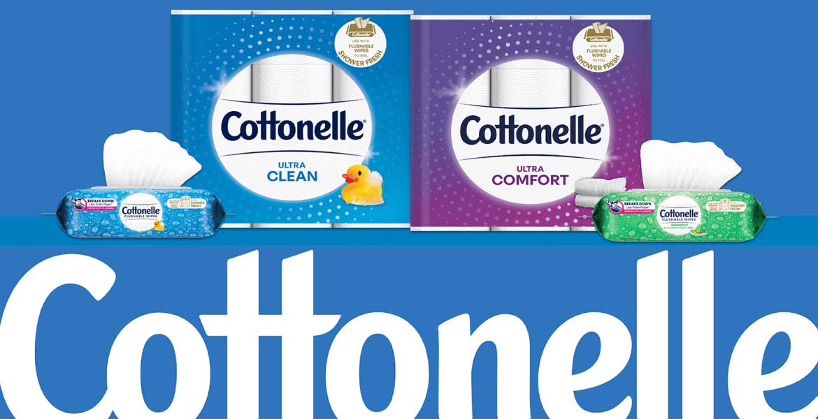 Cottonelle toilet paper and flushable wipes products hero image.